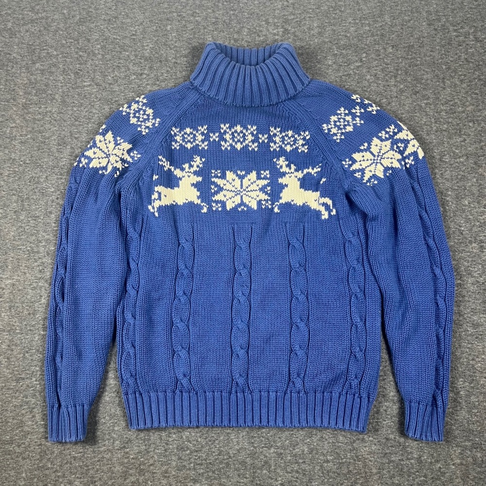 Vintage Lands End Cable Knit Turtleneck Christmas Sweater Medium Blue Reindeer